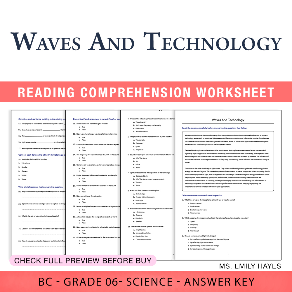 Grade 6 Science worksheet worksheet — Grade 6 Science | Waves and Technology Worksheet (PDF+ Answer Key) — page 1