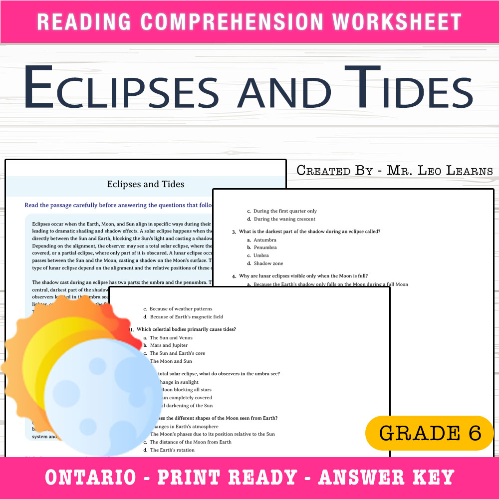 Grade 6 Science worksheet worksheet — Grade 6 Science – Eclipses and Tides Worksheet for Mastery — page 1