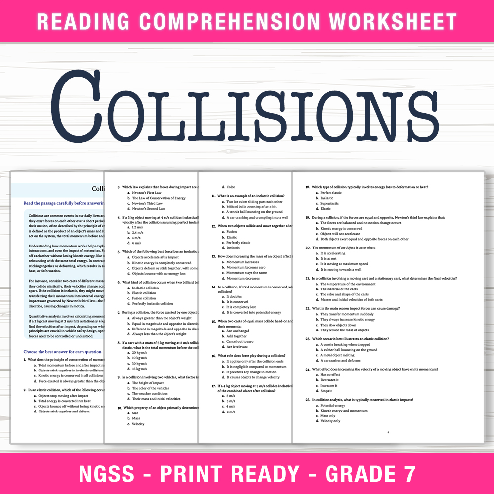 Grade 7 Science worksheet worksheet — Grade 7 Science | Collisions Worksheet (PDF + Answer Key) — page 1