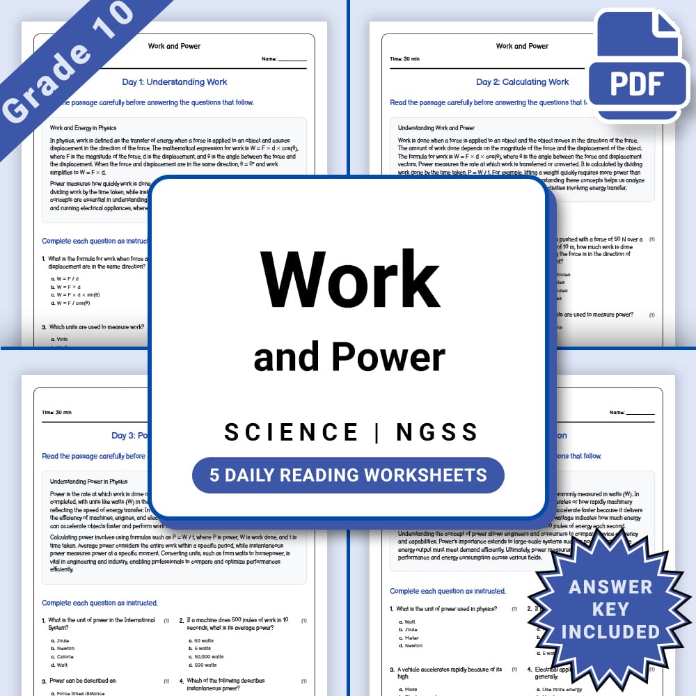 Grade 10 Science daily reading worksheet worksheet — Grade 10 Science – Work and Power Daily Worksheet (PDF +Answer Key) —…