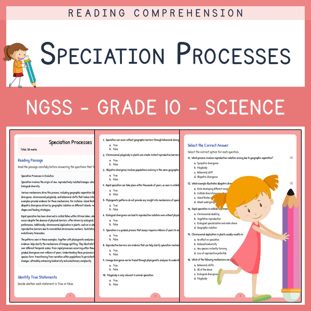 Grade 10 Science | Speciation Processes Worksheet & Answer Key (NGSS Aligned)