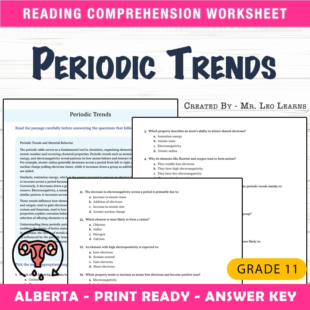 Grade 11 Science worksheet mcq paper worksheet — Grade 11 Science — Worksheet MCQ Paper for Mastering Periodic Trends — pa…
