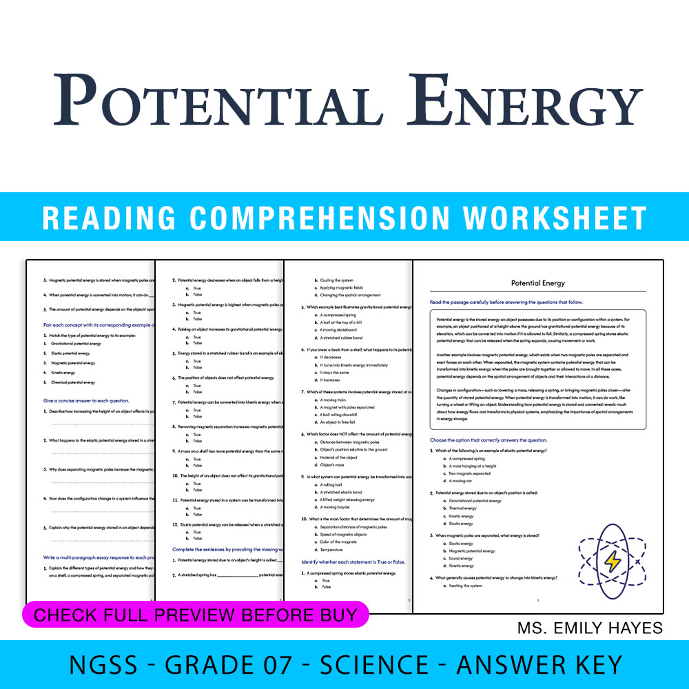 Grade 7 Science worksheet worksheet — 7th Grade Science | Potential Energy Worksheet (PDF+ Answer Key) — page 1