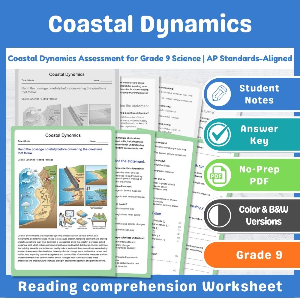 Grade 9 Science assessment worksheet — Coastal Dynamics Assessment for Grade 9 Science | AP Standards-Aligned — page 1