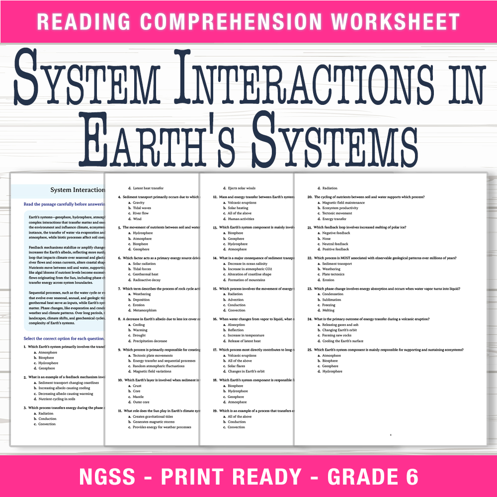Grade 6 Science worksheet worksheet — 6th Grade Science | Earth's System Interactions Worksheet (PDF + Answer Key) — page 1