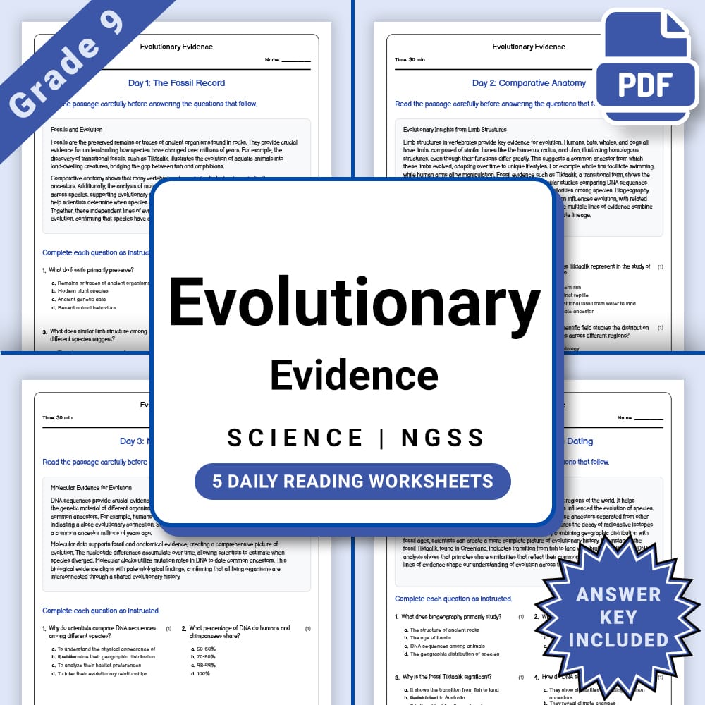 Grade 9 Science daily reading worksheet worksheet — Grade 9 Science – Evolutionary Evidence Worksheet(PDF + Answer Key) —…