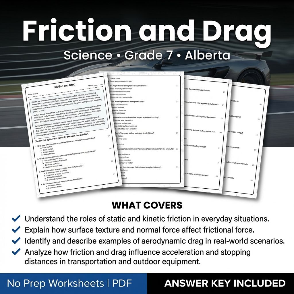 Grade 7 Science Worksheet on Friction and Drag | Alberta Standards