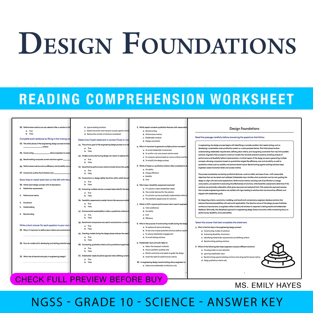 Grade 10 Science worksheet worksheet — Grade 10 Science | Design Foundations Worksheet (PDF+ Answer Key) — page 1
