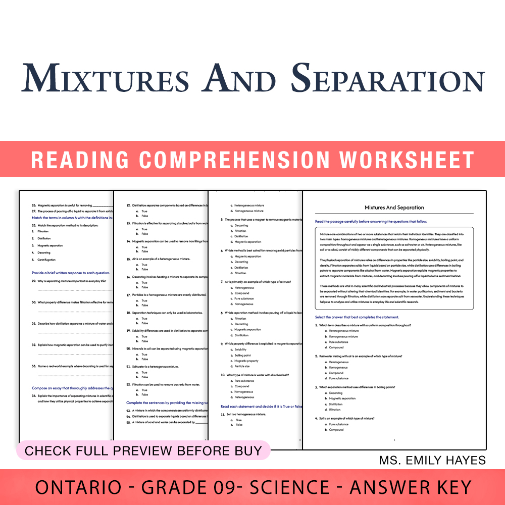 Grade 9 Science worksheet worksheet — Grade 9 Science | Mixtures and Separation Worksheet (PDF + Answer Key) — page 1