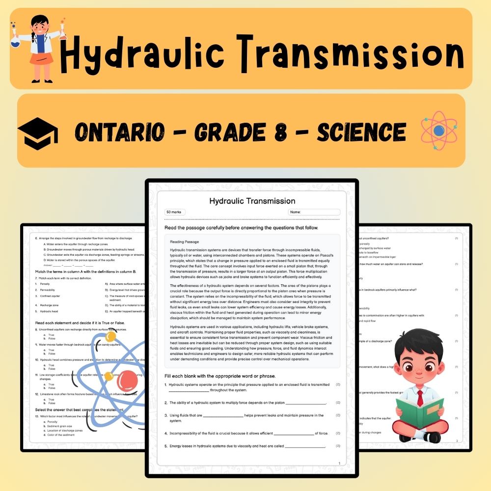 Grade 8 Science worksheet worksheet — Grade 8 Science – Hydraulic Transmission Worksheet (PDF ) – Ontario Standards — page 1