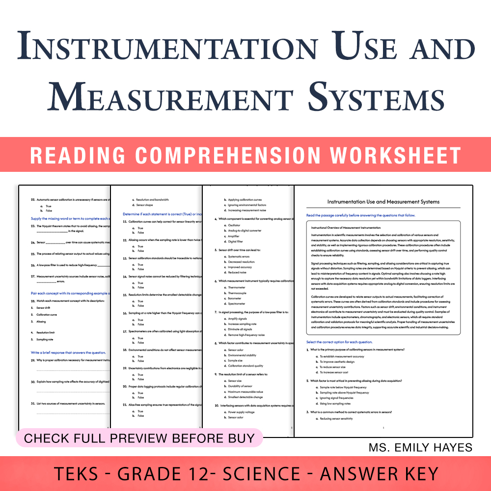 Grade 12 Science worksheet worksheet — Grade 12 Science | Instrumentation Use & Measurement Systems (PDF + Answer Key) — p…