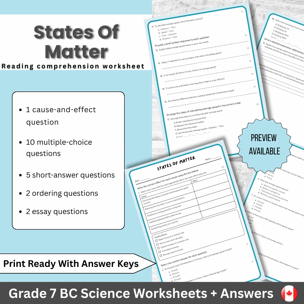 7th Grade Science | States of Matter Worksheet (Answer Key) – BC Standards
