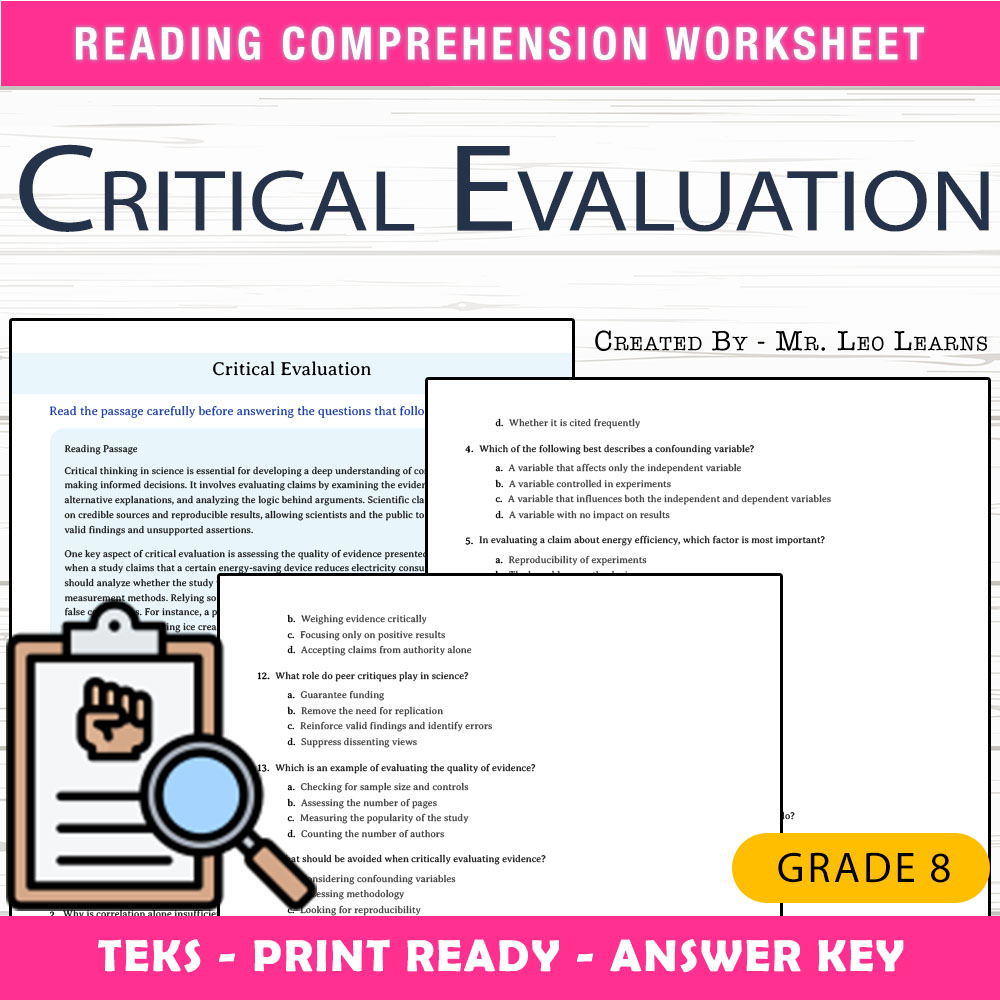 Grade 8 Science worksheet worksheet — Grade 8 Science – Critical Evaluation Worksheet for Developing Critical Thinking — p…
