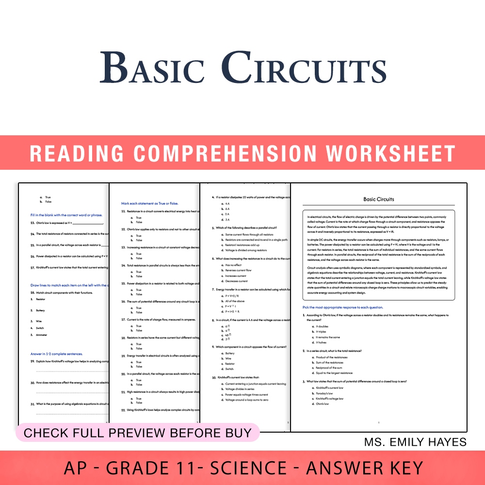 Grade 11 Science worksheet worksheet — 11th Grade Science | Basic Circuits Worksheet (PDF+ Answer Key) — page 1