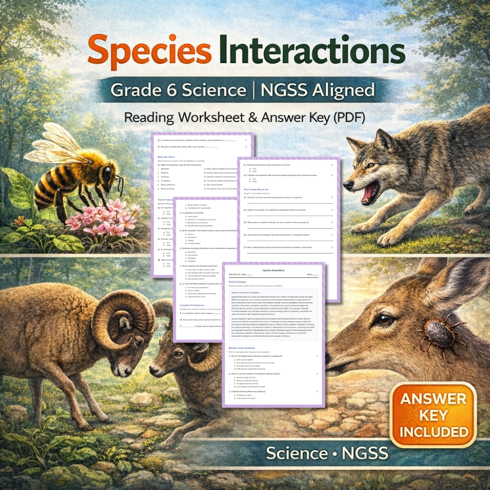 Grade 6 Science | Species Interactions | NGSS Worksheet & Answer Key