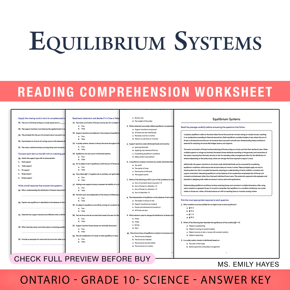 Grade 10 Science worksheet worksheet — 10th Grade Science | Equilibrium Systems Worksheet (PDF + Answer Key) — page 1