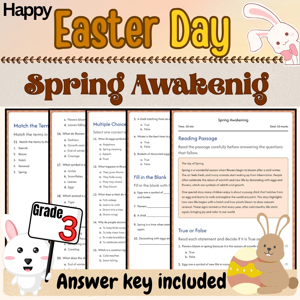 Grade 3 Seasonal happy easter worksheet — Grade 3 Seasonal | Happy Easter Worksheet for Spring Concepts | PDF + Answer Key