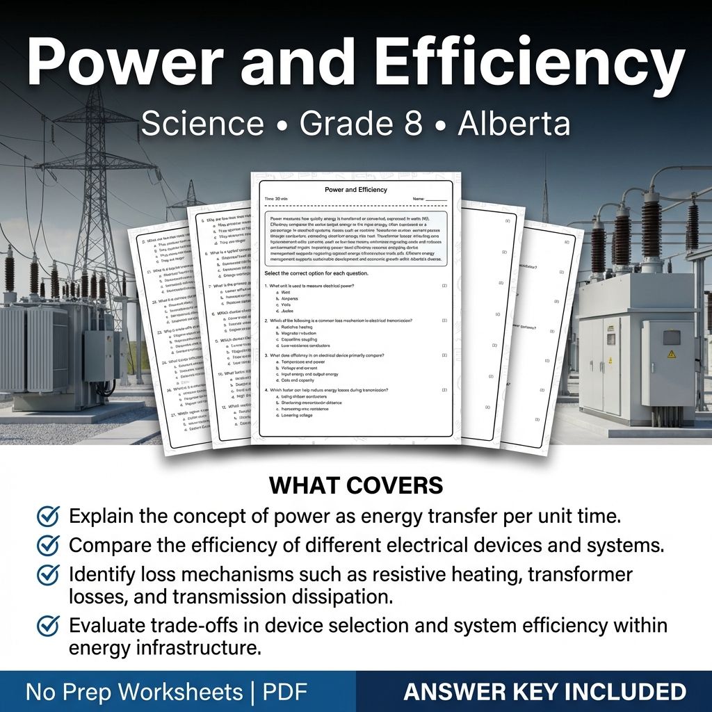 Power and Efficiency Worksheet for Grade 8 Science | Alberta Standards