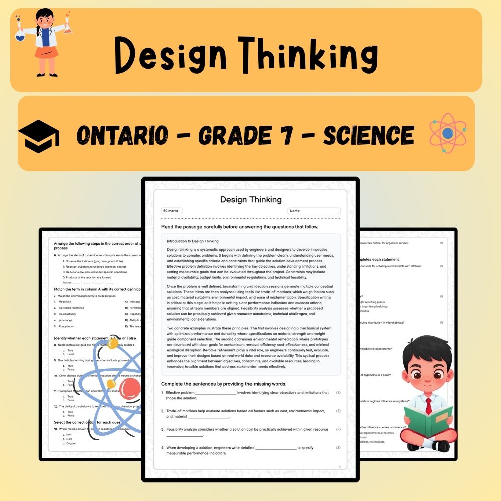 Grade 7 Science worksheet worksheet — Grade 7 Science | Design Thinking Worksheet (PDF ) – Ontario Standards — page 1