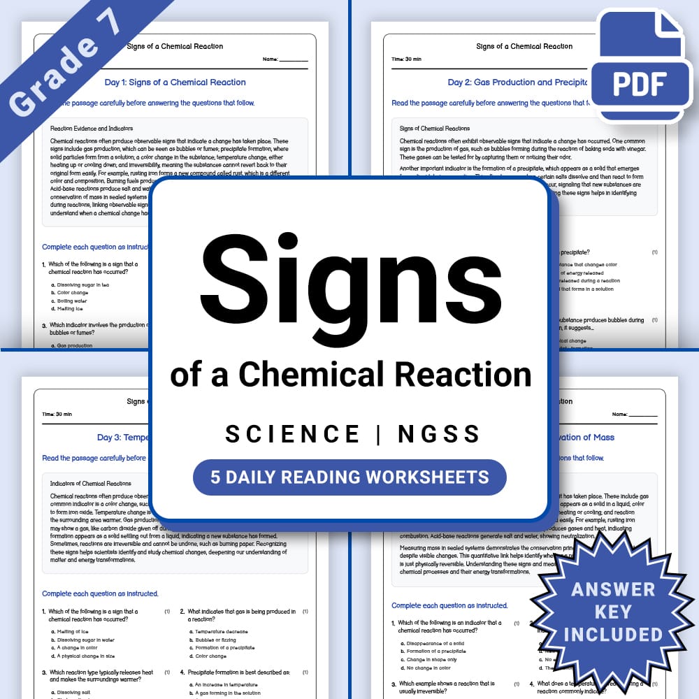 Grade 7 Science daily reading worksheet worksheet — Grade 7 Science – Signs of a Chemical Reaction Worksheet(PDF + Answer…