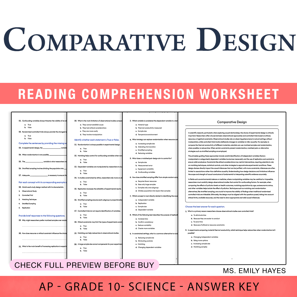 Grade 10 Science worksheet worksheet — 10th Grade Science | Comparative Design Worksheet (PDF+ Answer Key) — page 1