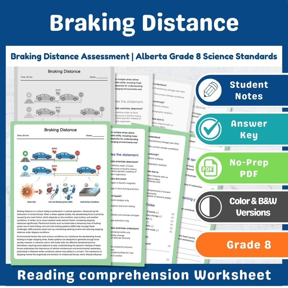 Grade 8 Science assessment worksheet — Braking Distance Assessment | Alberta Grade 8 Science Standards — page 1