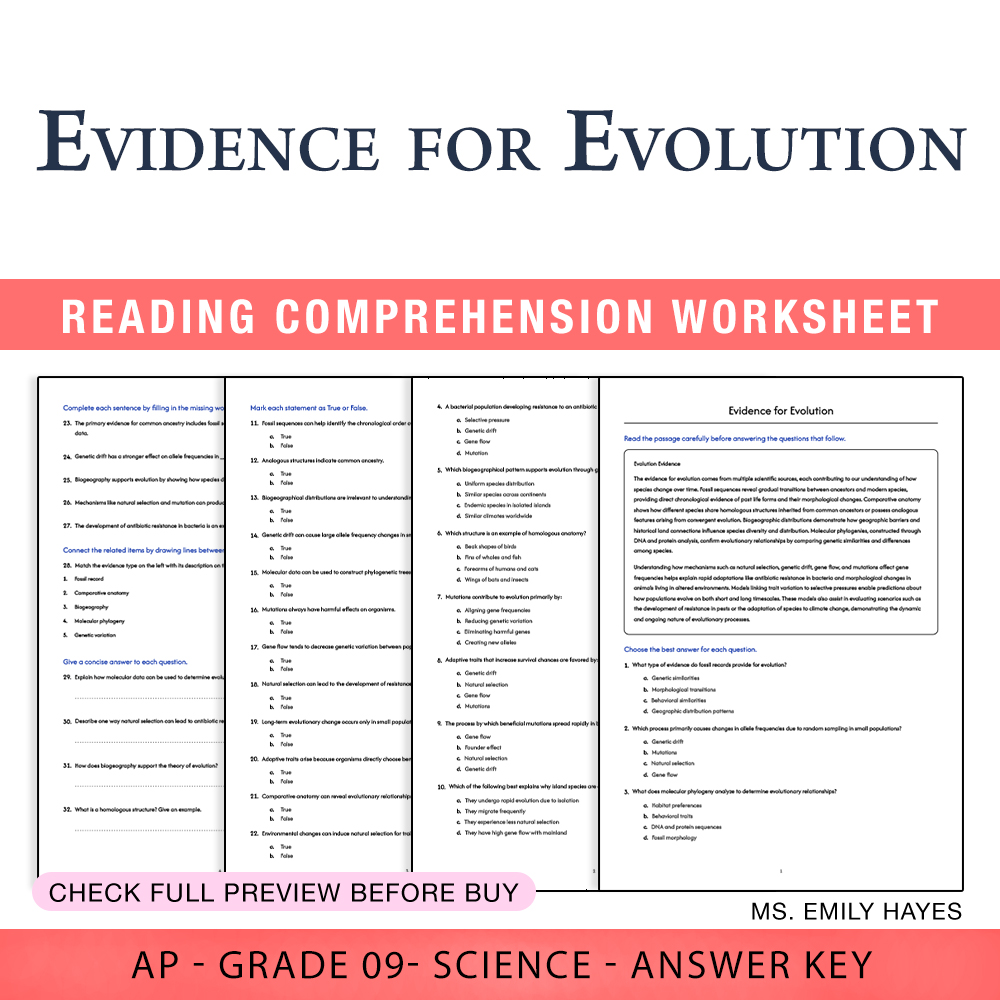 Grade 9 Science worksheet worksheet — 9th Grade Science | Evidence for Evolution Worksheet (PDF+ Answer Key) — page 1