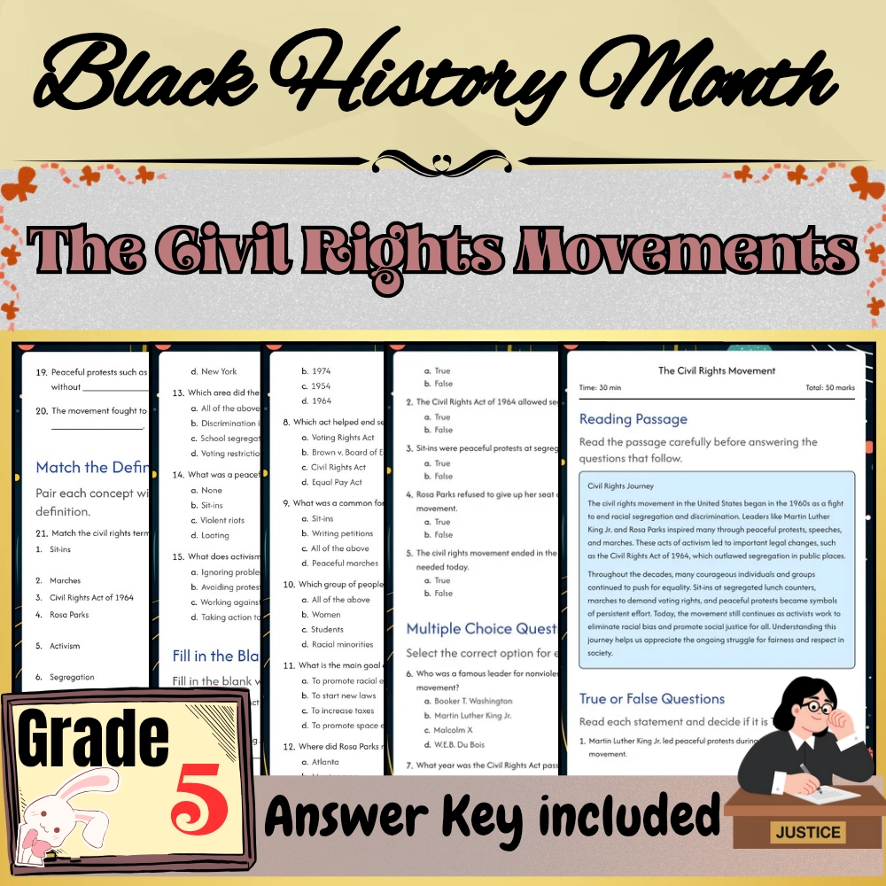 Grade 5 |The Civil Rights Movement Black Friday Worksheet| PDF + Answer Key