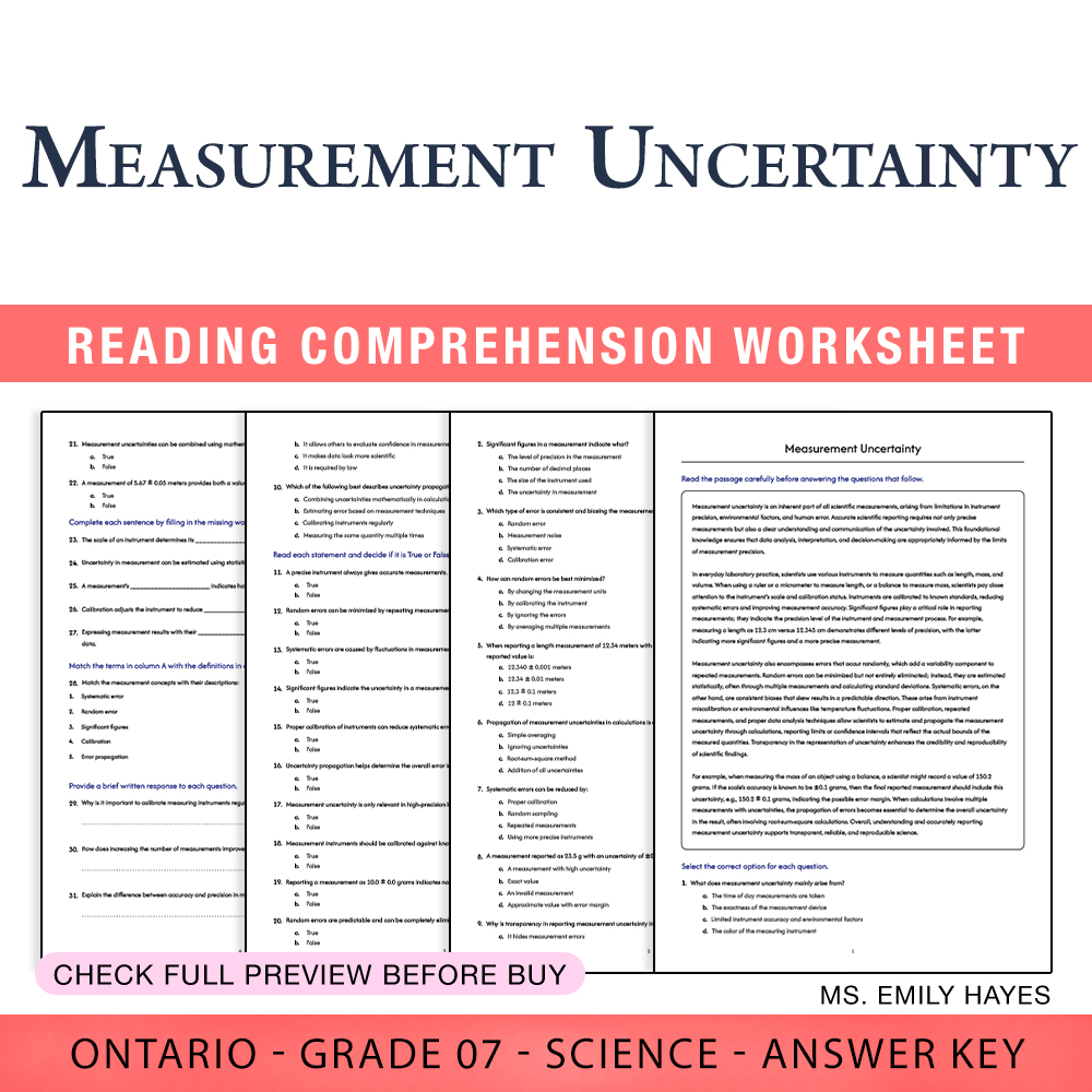 Grade 7 Science worksheet worksheet — 7th Grade Science | Measurement Uncertainty Worksheet (PDF+ Answer Key) — page 1