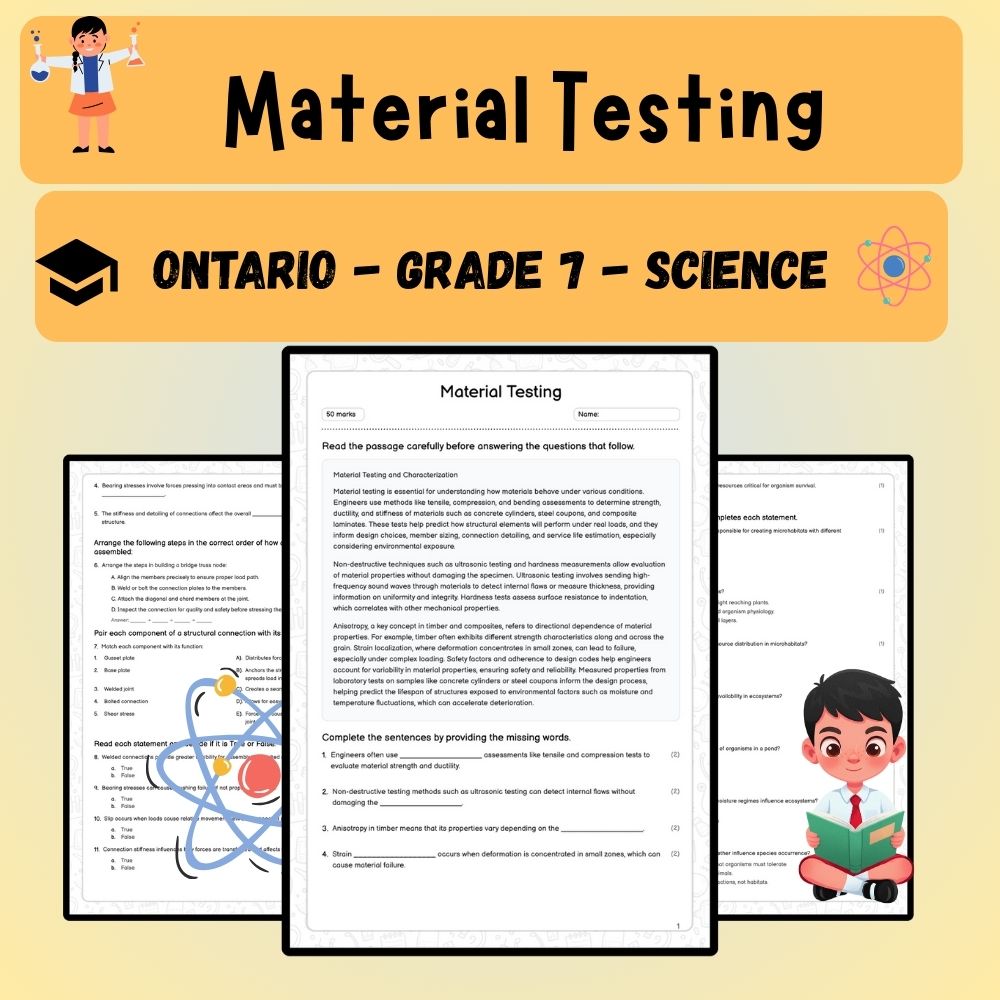 Grade 7 Science worksheet worksheet — Grade 7 Science – Material Testing Worksheet (PDF) – Ontario Standards — page 1