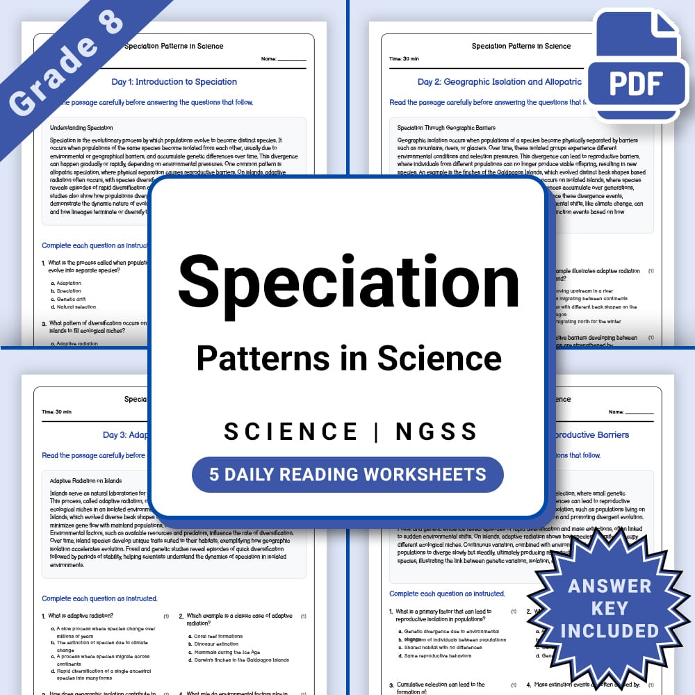 Grade 8 Science daily reading worksheet worksheet — Grade 8 Science – Speciation Patterns Worksheet(PDF + Answer Key) — pa…