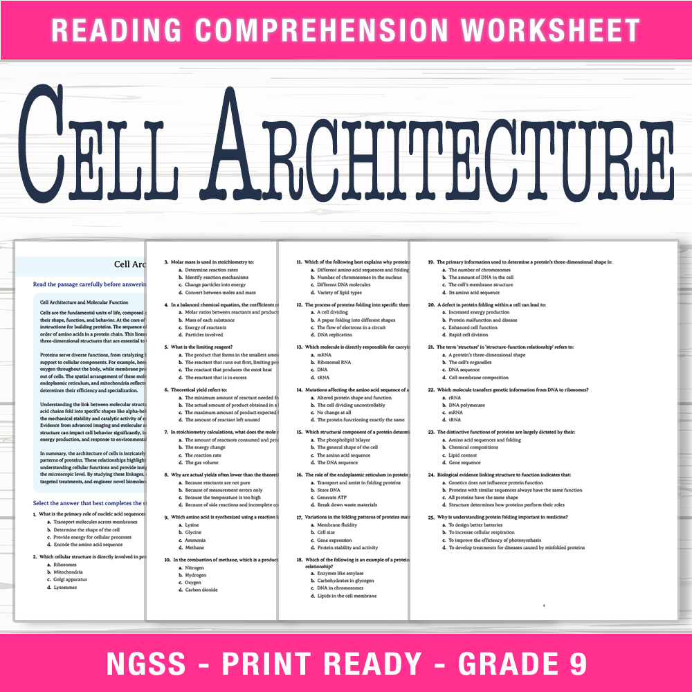 Grade 9 Science worksheet worksheet — Grade 9 Science | Cell Architecture Worksheet (PDF + Answer Key) — page 1