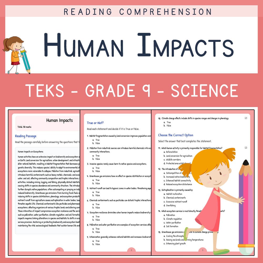 Grade 9 Science worksheet elena worksheet — Grade 9 Science | Human Impacts Worksheet | TEKS Aligned — page 1