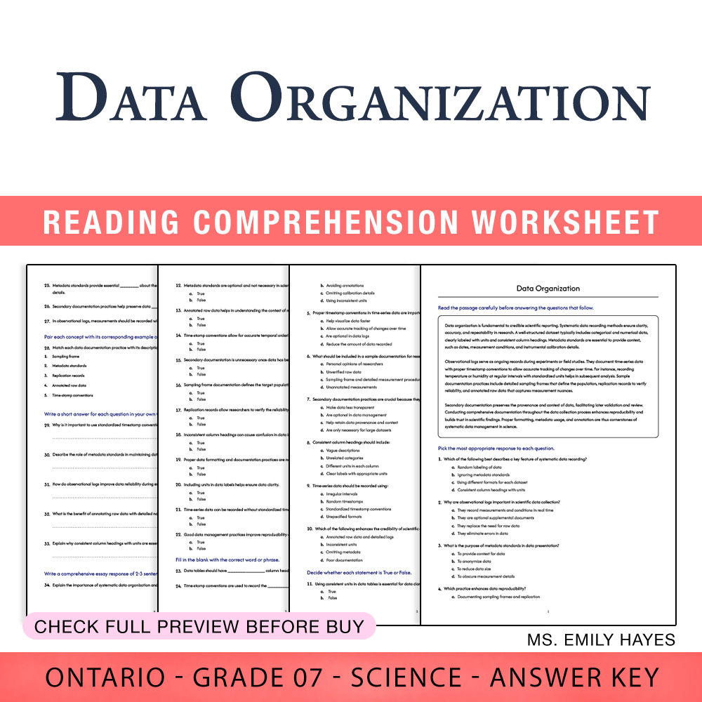Grade 7 Science worksheet worksheet — Grade 7 Science | Data Organization Worksheet (PDF+ Answer Key) — page 1