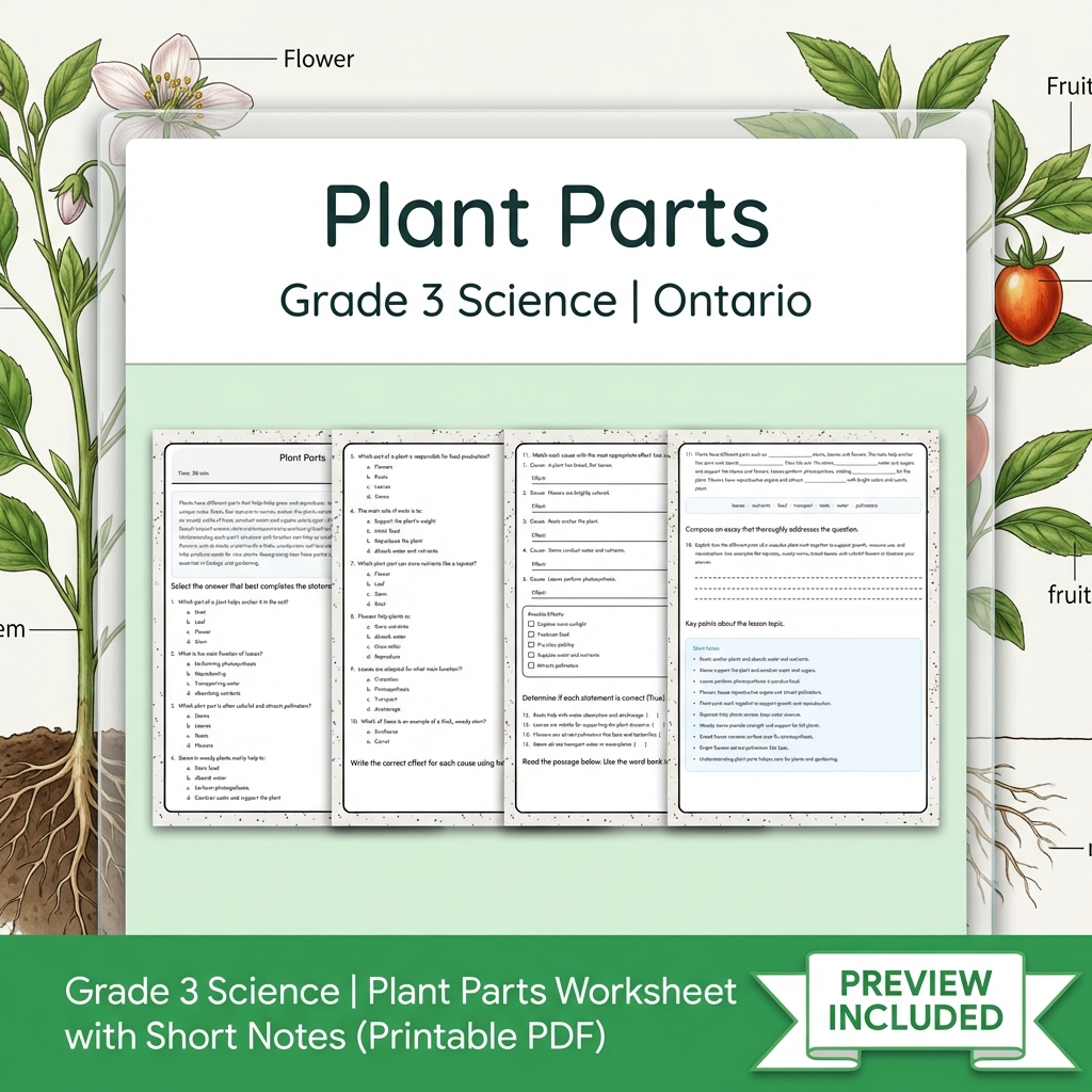 Grade 3 Science Lesson Group | Ontario STEM Worksheets Bundle Transport & Plants — included worksheet 7