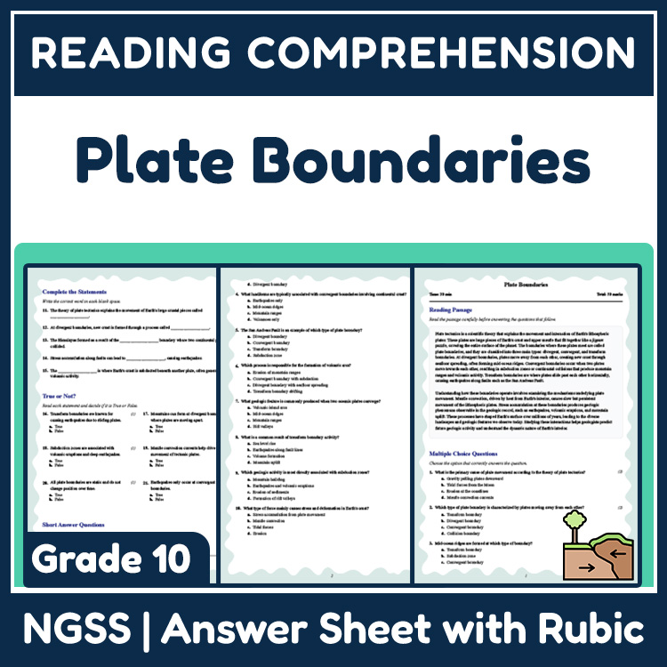 Grade 10 Science reading worksheets worksheet — Grade 10 Science | Plate Boundaries Reading Worksheet (PDF + Answer Key) —…