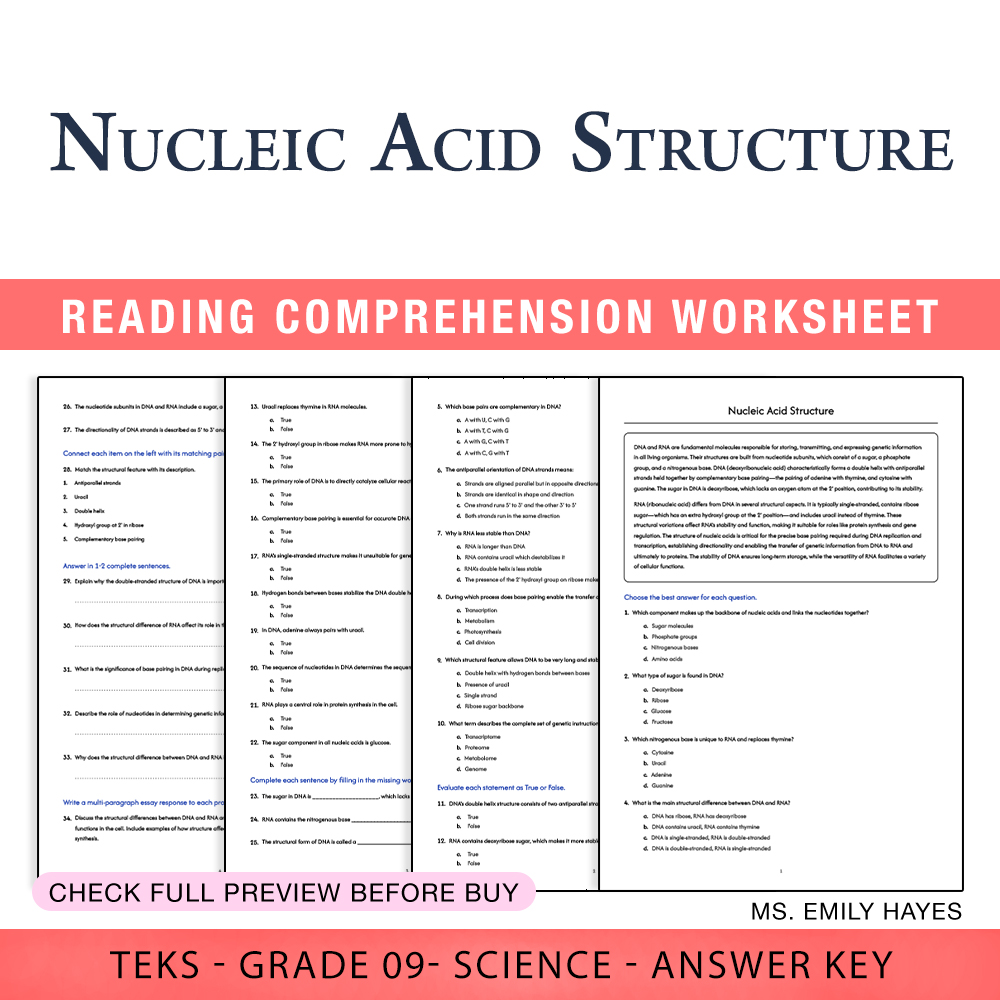 Grade 9 Science worksheet worksheet — 9th Grade Science | Nucleic Acid Structure Printable Worksheet (PDF+ Answer Key) — p…