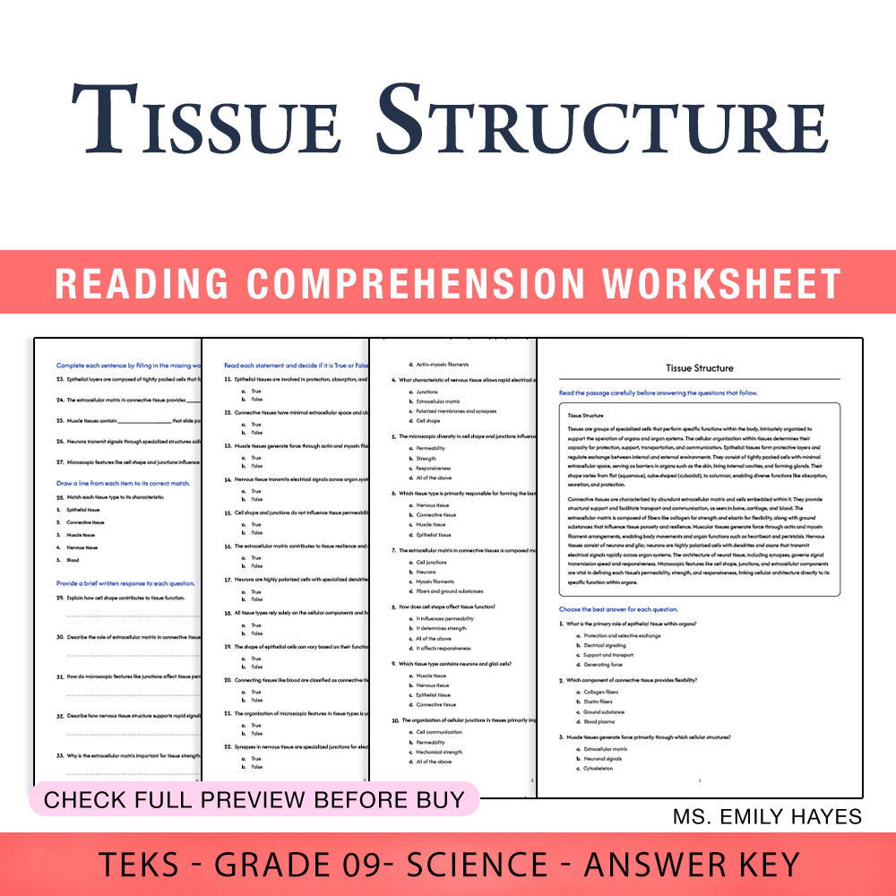Grade 9 Science worksheet worksheet — Grade 9 Science | Tissue Structure Worksheet (PDF+ Answer Key) — page 1