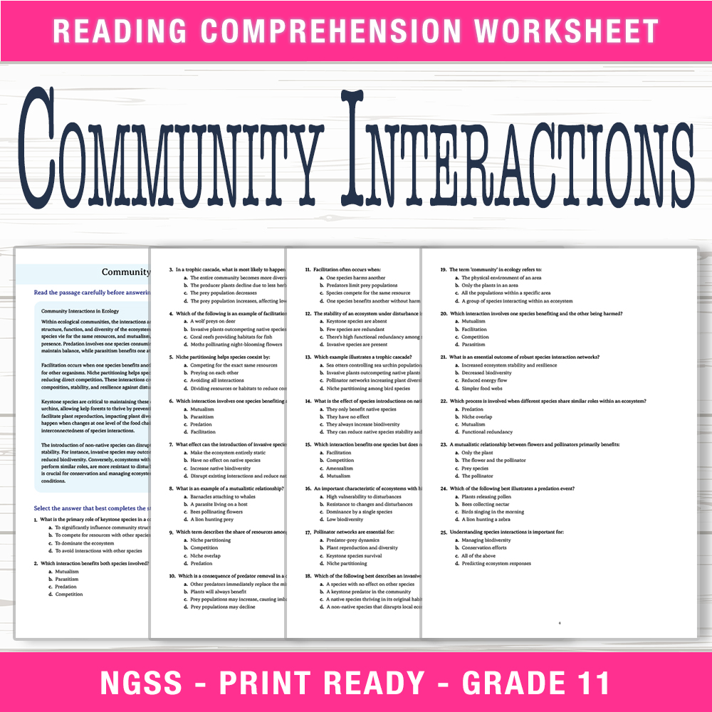 Grade 11 Science worksheet worksheet — Grade 11 Science – Community Interactions Worksheet (PDF + Answer Key) — page 1