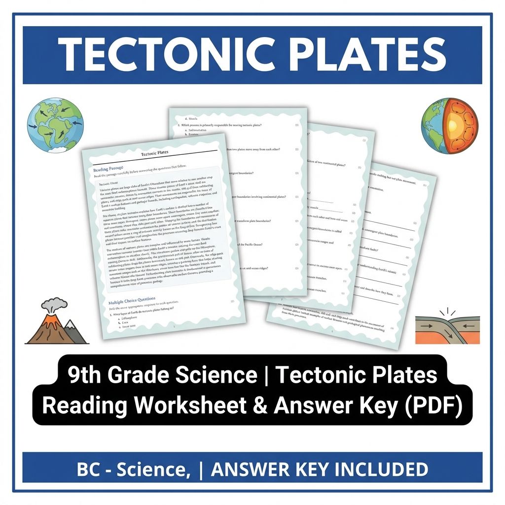 9th Grade Science | Tectonic Plates Reading Worksheet & Answer Key (PDF)