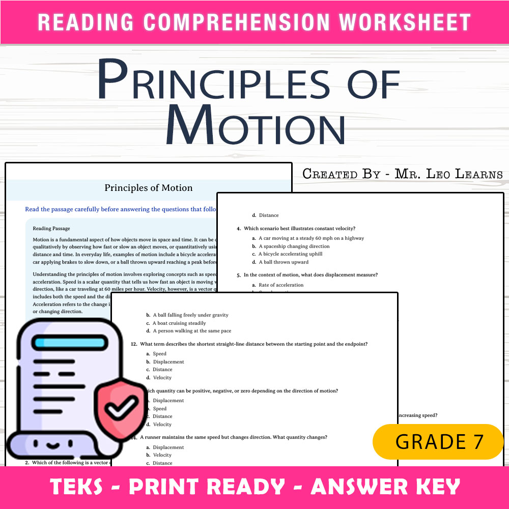Grade 7 Science worksheet worksheet — Grade 7 Science – Principles of Motion Worksheet for Mastery — page 1