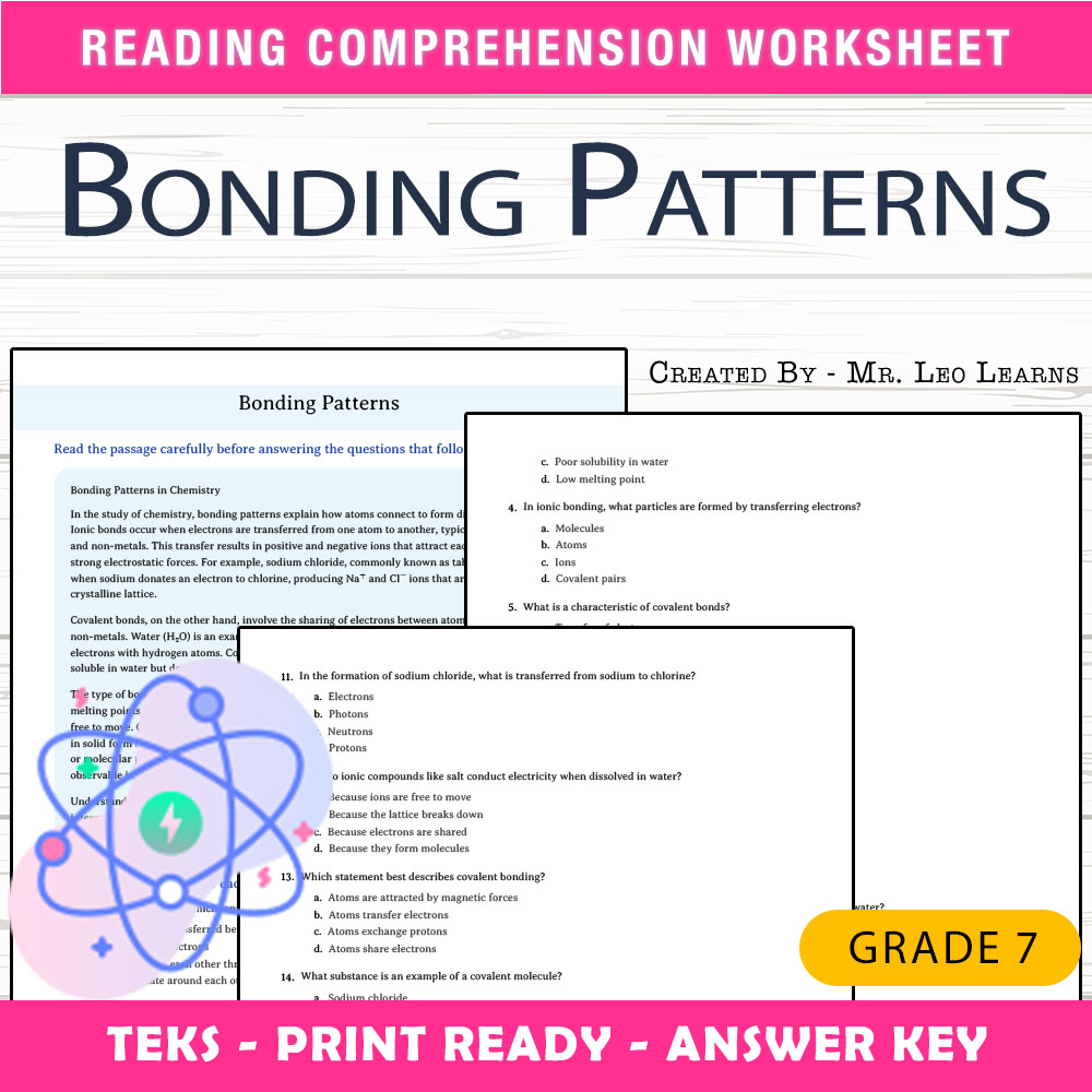 Grade 7 Science worksheet worksheet — Grade 7 Science – Bonding Patterns Worksheet for Mastery — page 1