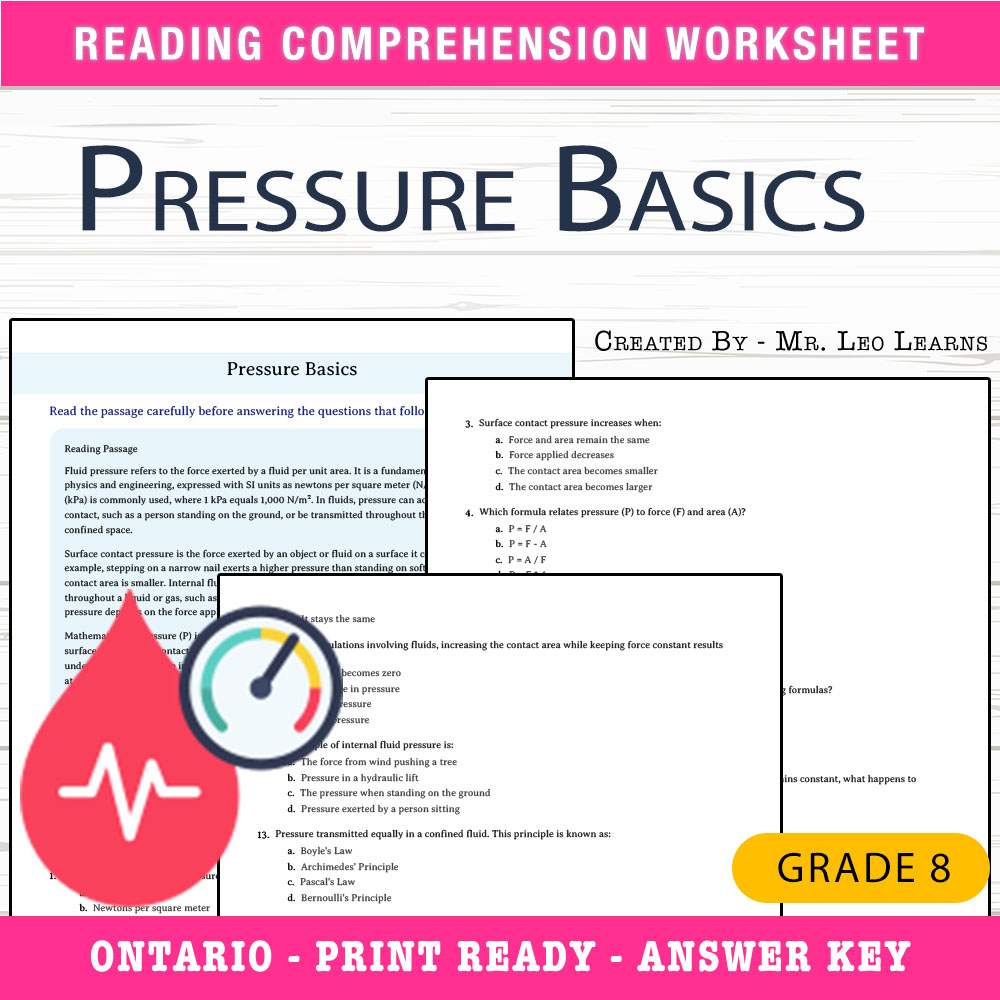 Grade 8 Science worksheet worksheet — Grade 8 Science — Pressure Basics Worksheet for Practice — page 1