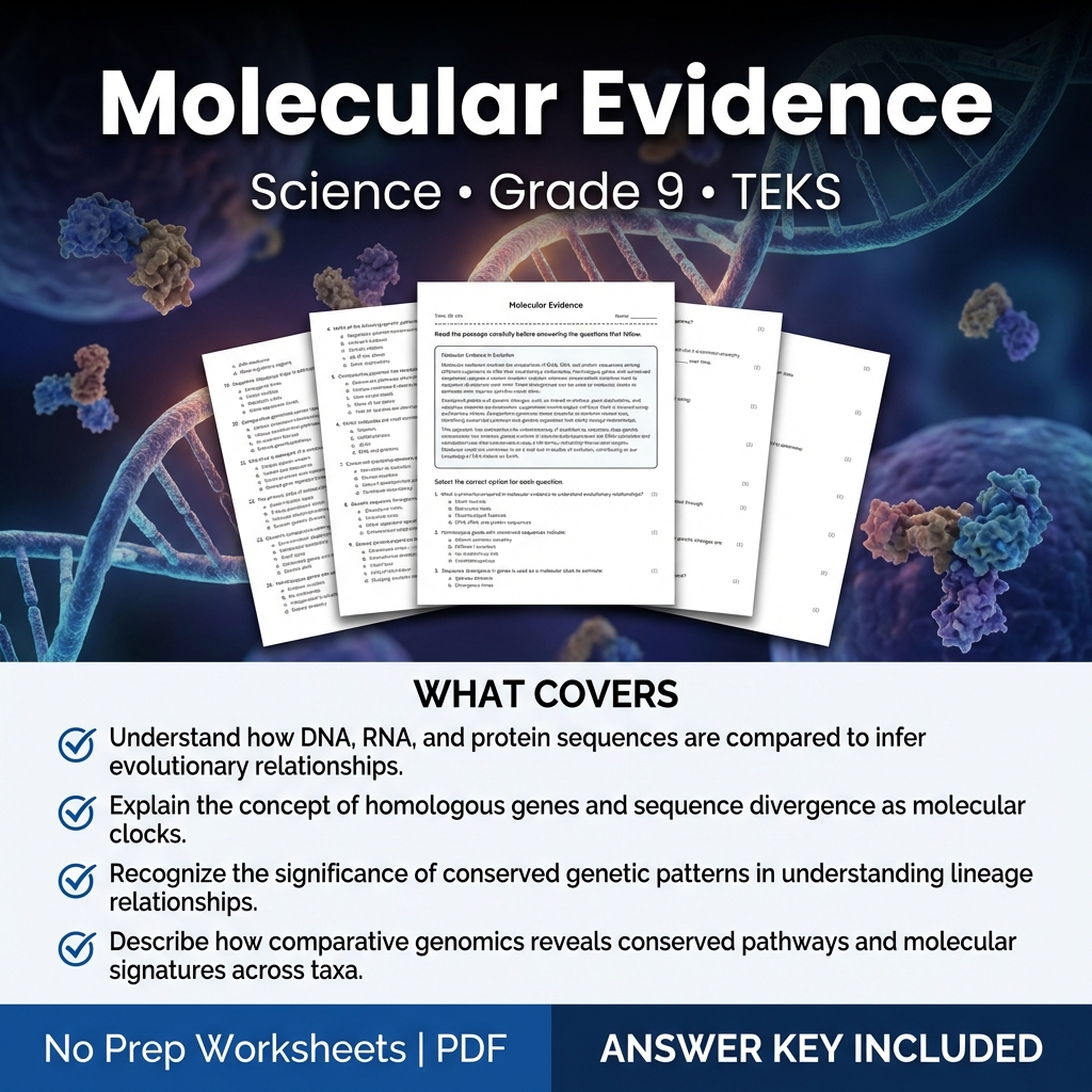Molecular Evidence Worksheet for Grade 9 Science | TEKS Aligned