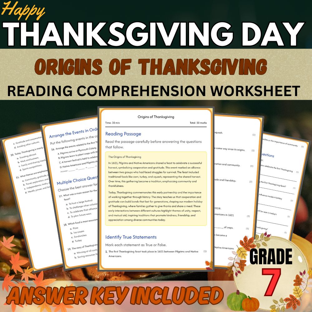 Grade 7  Happy Thanksgiving Worksheet for Understanding Origins|PDF + Answer Key