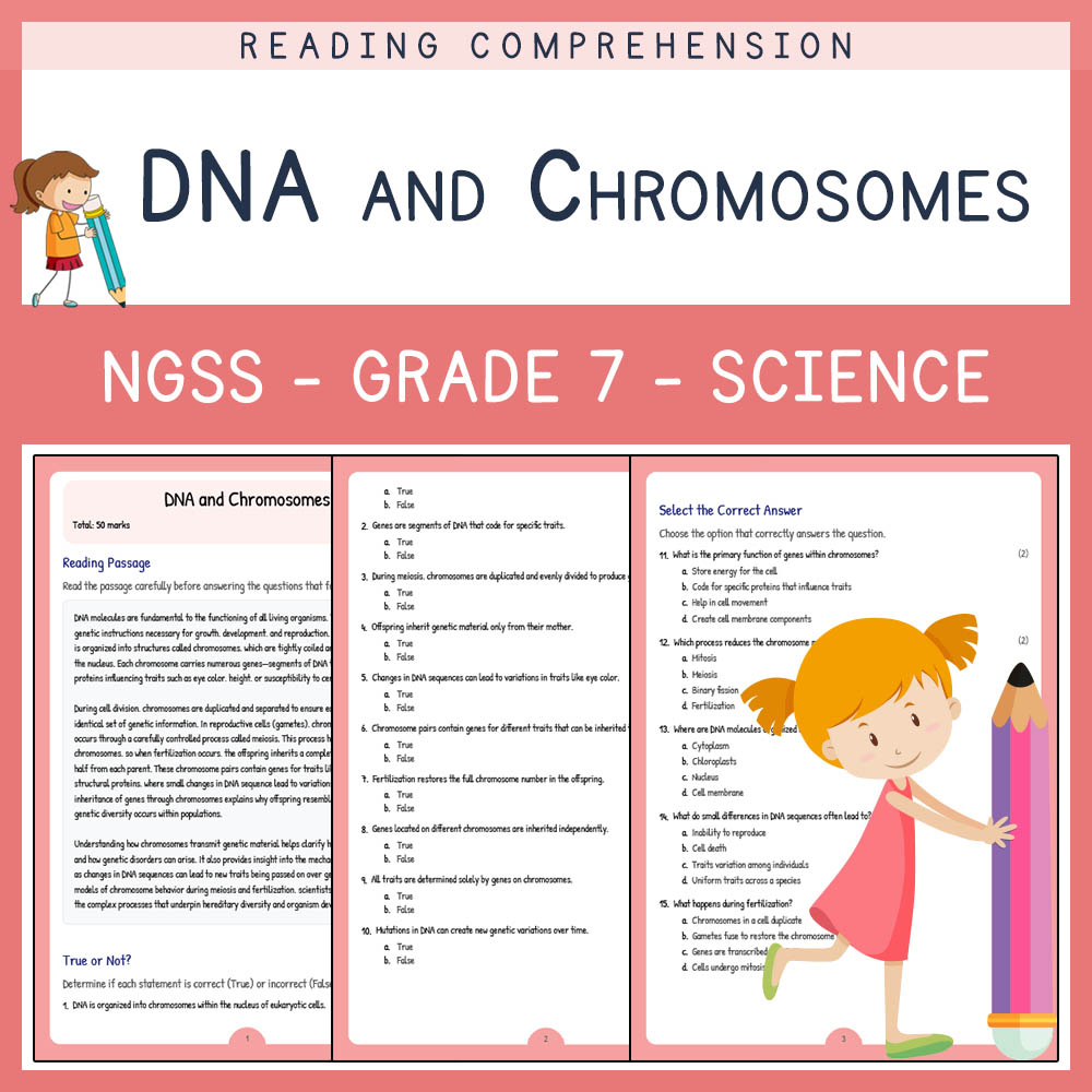 Grade 7 Science worksheet worksheet — Grade 7 Science | DNA and Chromosomes Worksheet (Answer Key + Rubric) — page 1