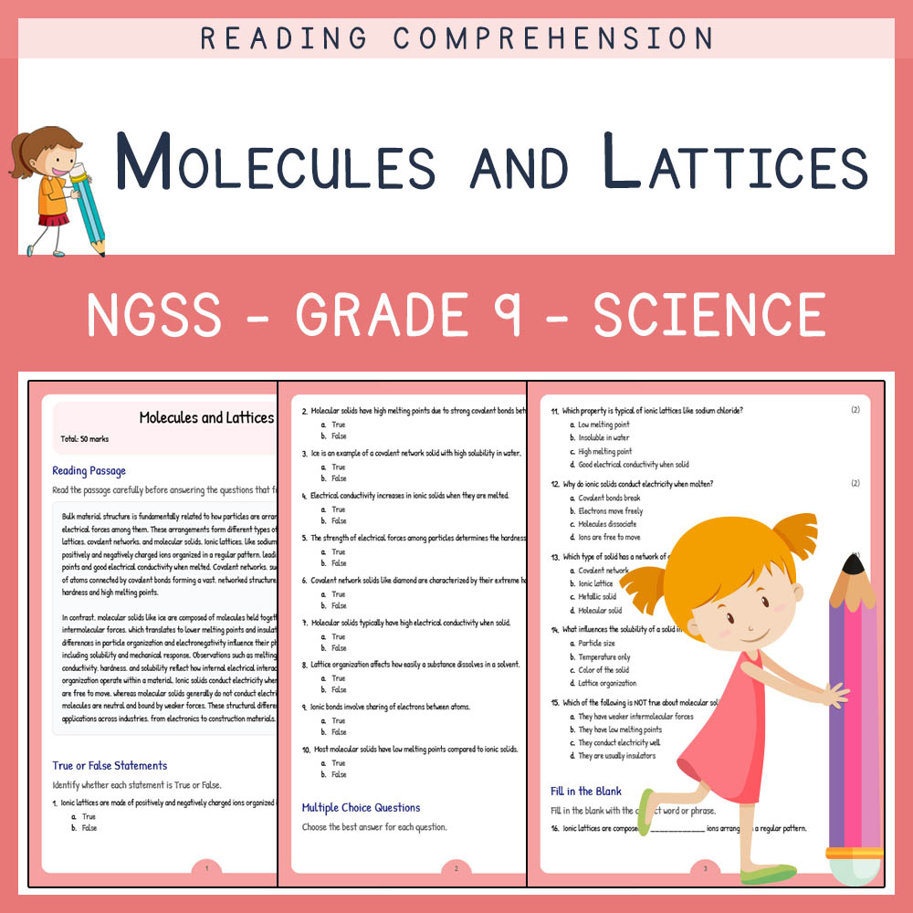 Grade 9 Science worksheet worksheet — Grade 9 Science | Molecules and Lattices Worksheet & Answer Key (NGSS Standards) — p…