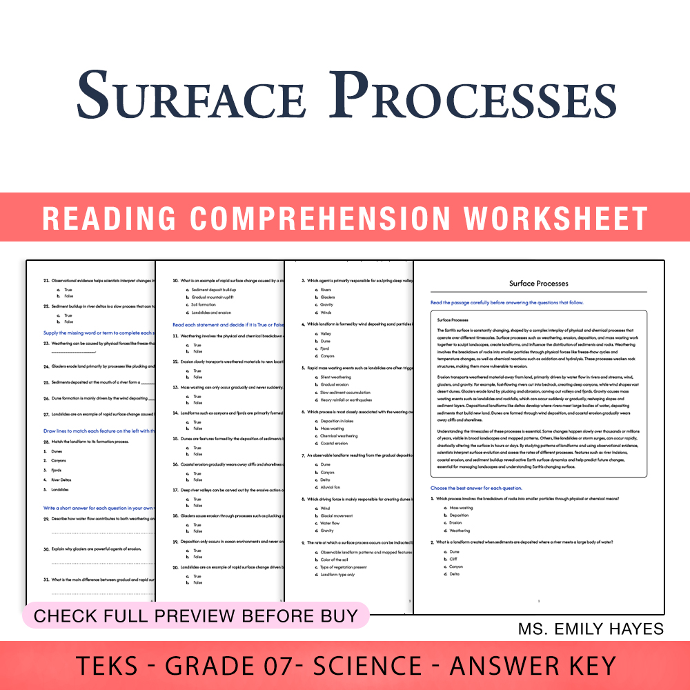 Grade 7 Science worksheet worksheet — Grade 7 Science | Surface Processes Worksheet (PDF+ Answer Key) — page 1