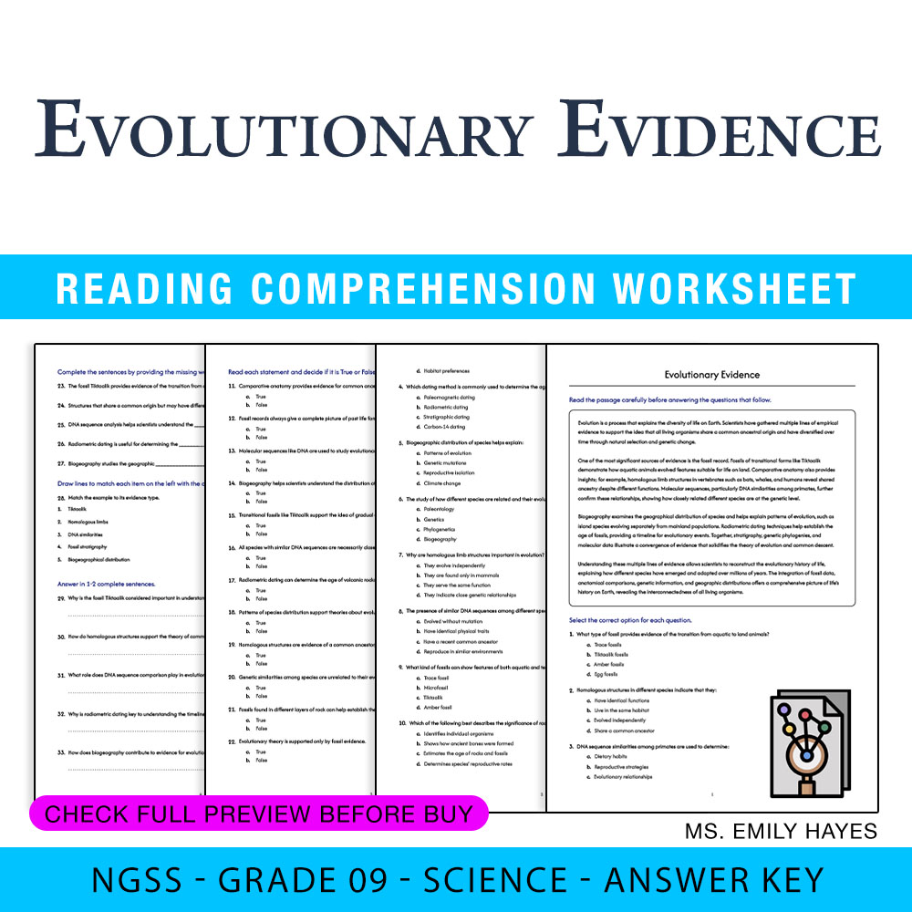 Grade 9 Science worksheet worksheet — 9th Grade Science | Evolutionary Evidence Worksheet (PDF+ Answer Key) — page 1