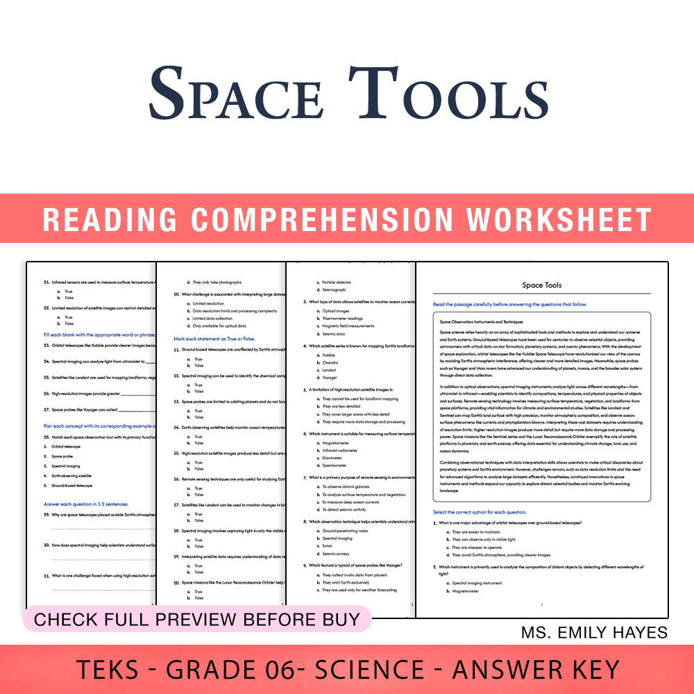 Grade 6 Science worksheet worksheet — 6th Grade Science | Space Tools Worksheet (PDF+ Answer Key) — page 1